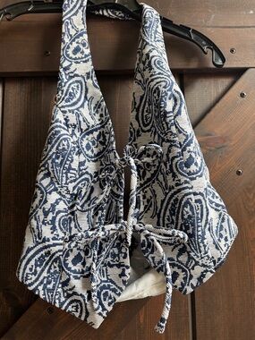 Vici Navy and White Paisley Halter Tie-Front Top